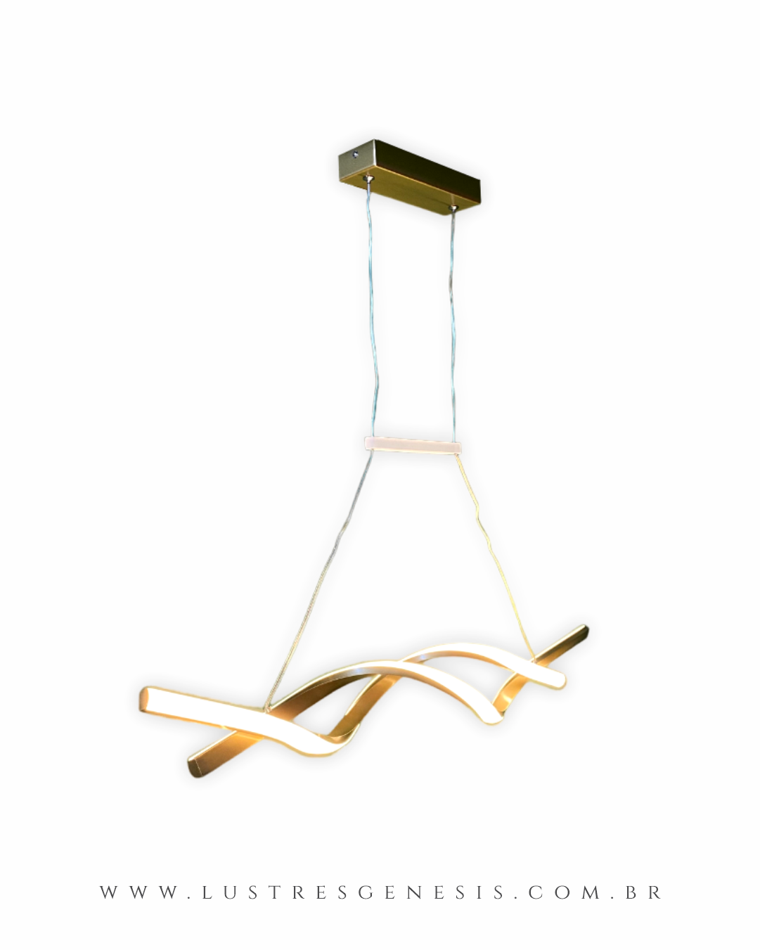 Lustre Pendente de LED Moderno Infinito Dourado instalado em uma sala de jantar moderna com mesa de madeira e cadeiras acolchoadas DCD03029  Lustres G&ecirc;nesis - o melhore site da Internet para comprar Lustre